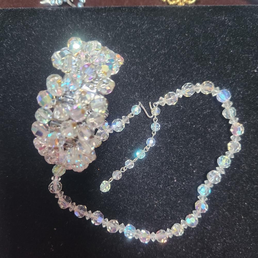 Vintage Japan Aurora Borealis Crystal Necklace and Stretch Bracelet Set AB Glass